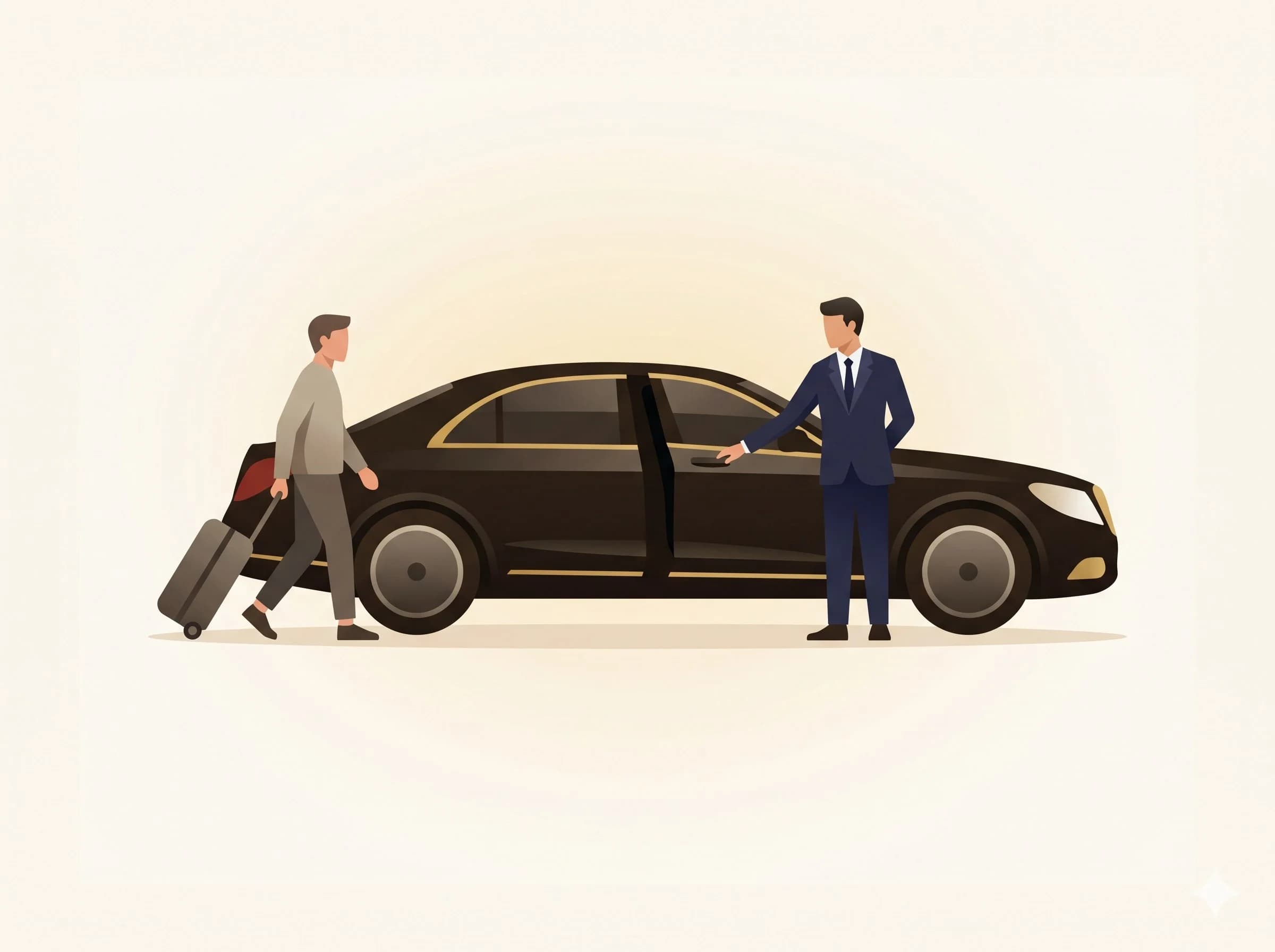 Premium chauffeur greeting a passenger beside a luxury sedan